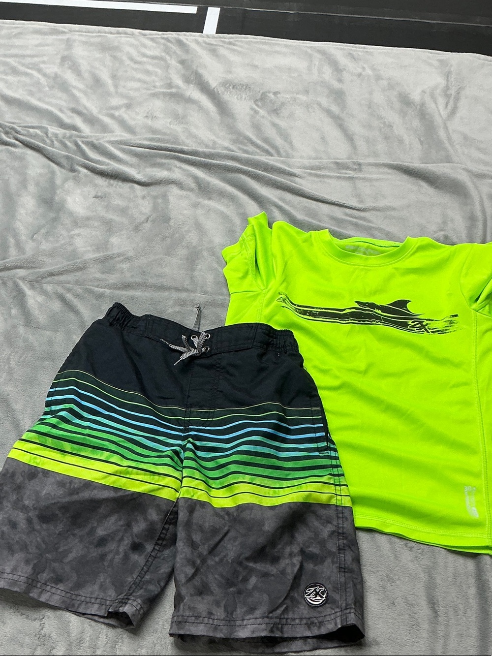 ZeroXposur Boys Neon Green Rash Guard and Black/Gray/Green Striped Swim Trunks